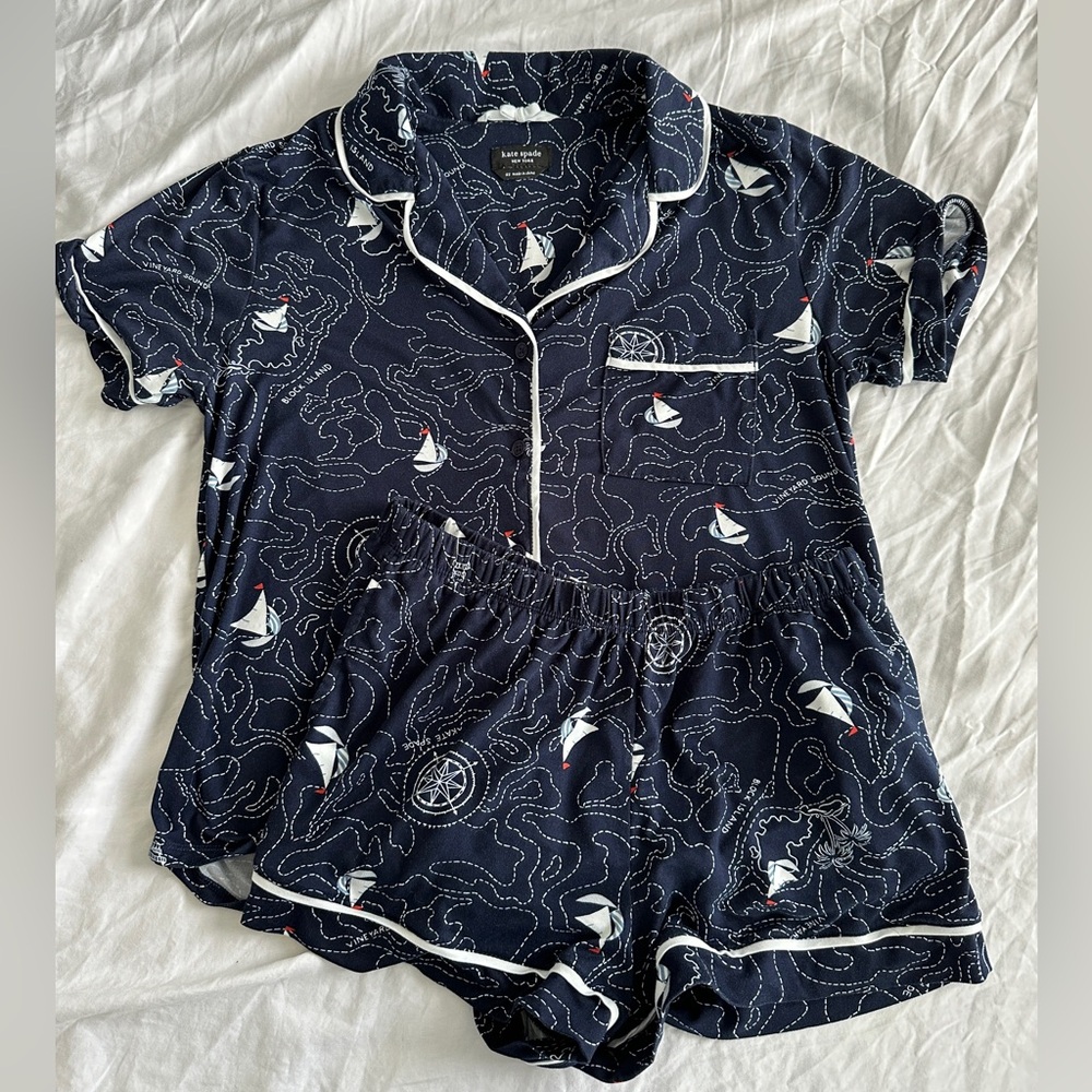 Kate Spade Navy Blue Island Adventure Short Sleeve Sailboat PJs Pajama Set XS
